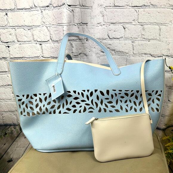 Laser Cut Light Blue Faux Pebble Leather Tote Bag with pouch - Picture 3 of 8